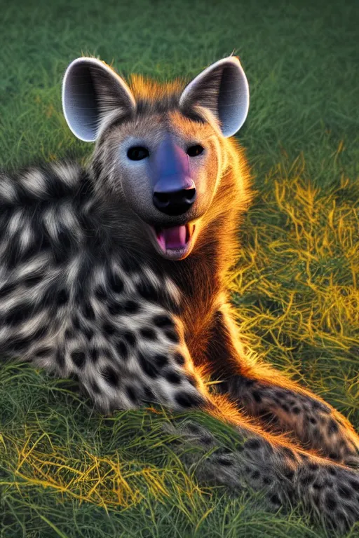 Prompt: anthropomorphic hyena fursona sitting in between the grass in savannah lit by the sunset, furry art, trending on artstation
