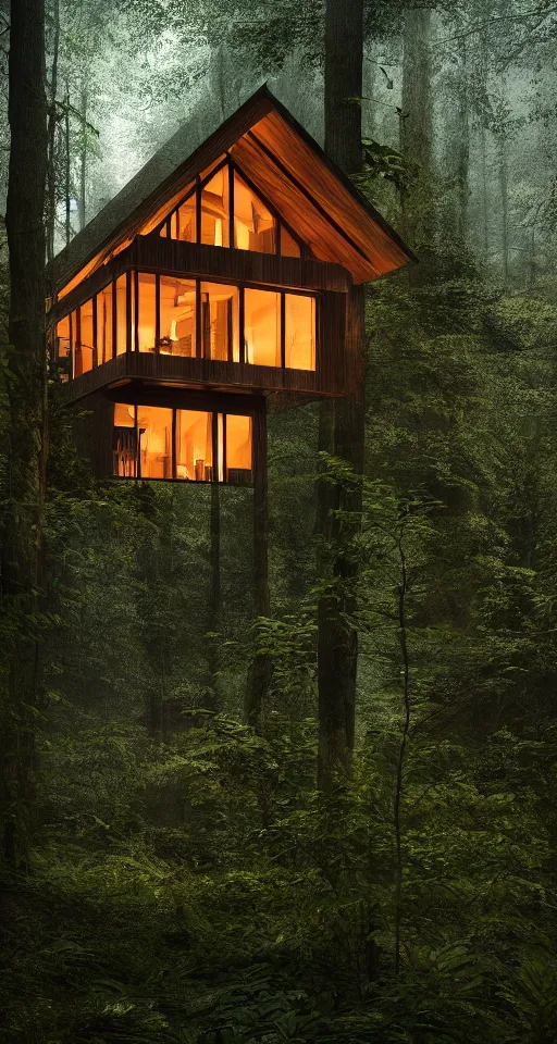 Image similar to an exquisitely designed wooden house in a lush forest, architectural photography, dark and dim lighting, beautiful, tranquil, moody, cinematic, fantasy, 3 5 mm lens, volumetric lighting, first person view, photographic render, hyper realistic