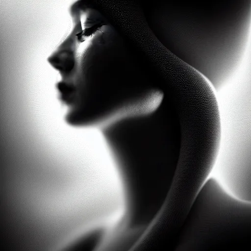 Image similar to tight portrait of a young beautiful woman with eyes closed, with a face covering mask. fractal and mandelbulb, speed painting and scribble art, octane render and portrait. behance and artstation, black and white. intricate detail, beautiful, moody, cinematic. art deco, surrealism, futurism, Unreal Engine, photorealistic.