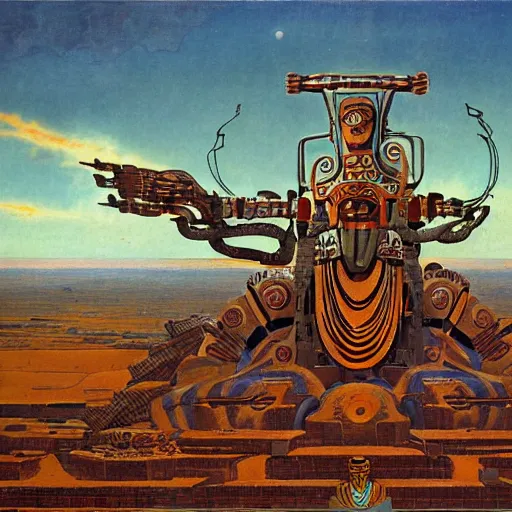 Prompt: elaborate mayan art deco mecha in mesa landscape by j. c. leyendecker, bosch, and beksinski