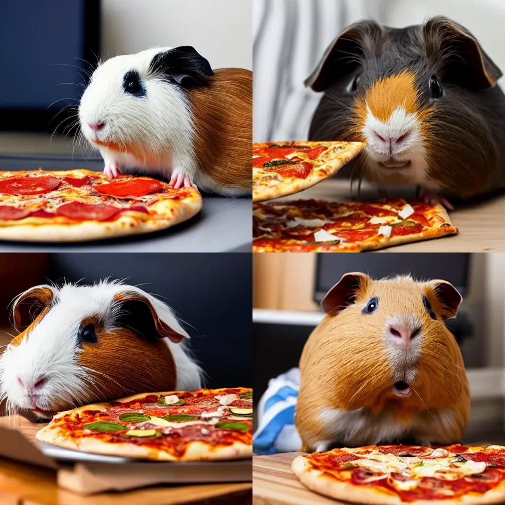 Prompt: A guinea pig eating pizza while watching tv