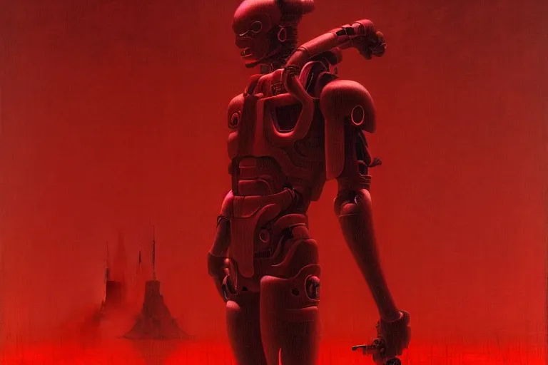 Image similar to only with red, a red cyborg samurai, tokio futuristic in background, some evil yokai, in the style of beksinski, parts by edward hopper, parts by rodcenko, parts by yue minjun, intricate and epic composition, red by caravaggio, insanely quality, highly detailed, masterpiece, red light, artstation, 4 k