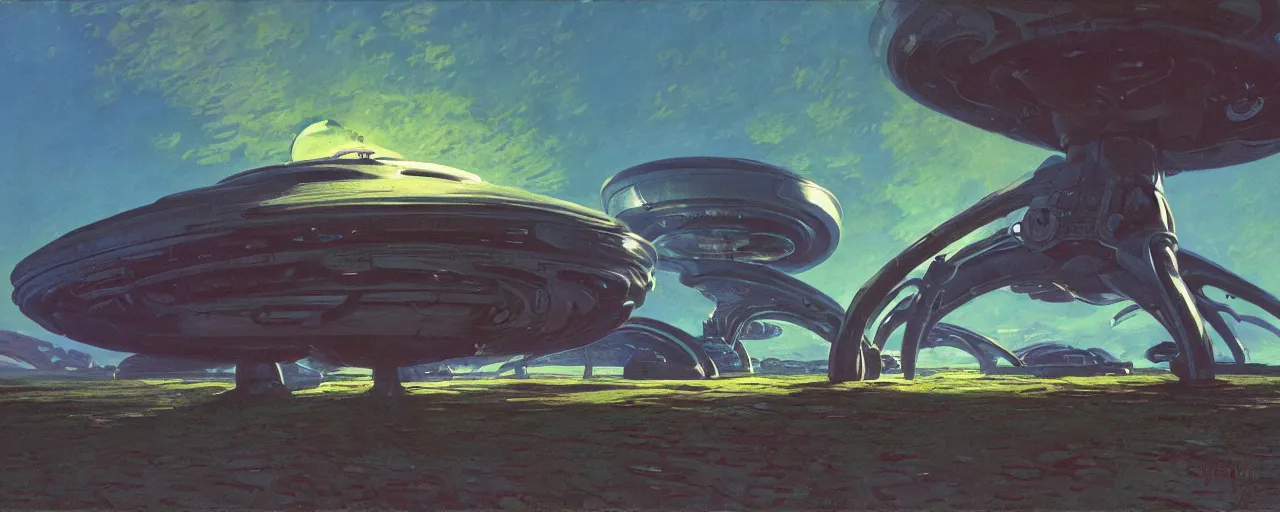 Prompt: Alien Spaceship designed by syd mead, by Simon Stålenhag and Claude Monet, oil on canvas