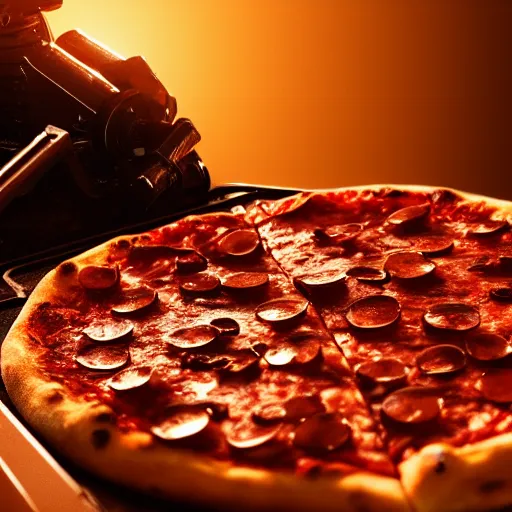 Image similar to close-up of a pizza robot, wasteland, highly-detailed, dramatic lighting, artstation, 4k, cinematic landscape, photograph by Keanu Reeves
