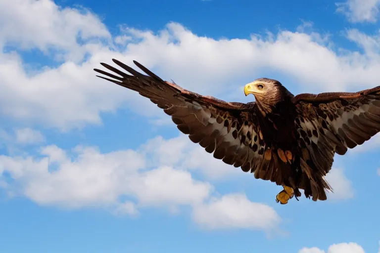 Image similar to giant eagle, alec baldwin flying, blue sky, photo