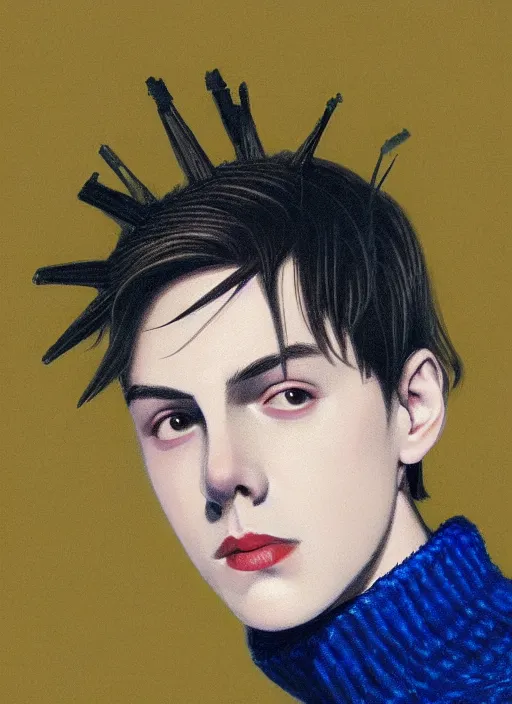 Image similar to portrait of teenage jughead jones wearing a light grey crown, crown, blue turtleneck, 1 9 5 0 s, closed eyes, photorealistic, black hair, glowing lighting, intricate, elegant, glowing lights, highly detailed, digital painting, artstation, concept art, smooth, sharp focus, illustration, art by wlop, mars ravelo and greg rutkowski