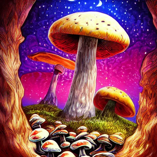 Image similar to trippy angry mushroom eat a meat, acrilic paint, digital, artstation, detailed intricate ink illustration, heavenly atmosphere, digital art, overdetailed art, concept art, complementing colors, trending on artstation, cgstudio, the most beautiful image ever created, dramatic, subtle, details, award winning artwork, beautiful scenery