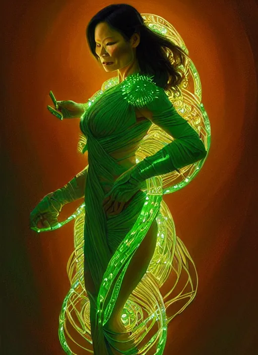 Image similar to lucy liu as green goddess, intricate, elegant, glowing lights, highly detailed, digital painting, artstation, full figure, glamor pose, concept art, smooth, sharp focus, illustration, art by artgerm and greg rutkowski, artey freytag