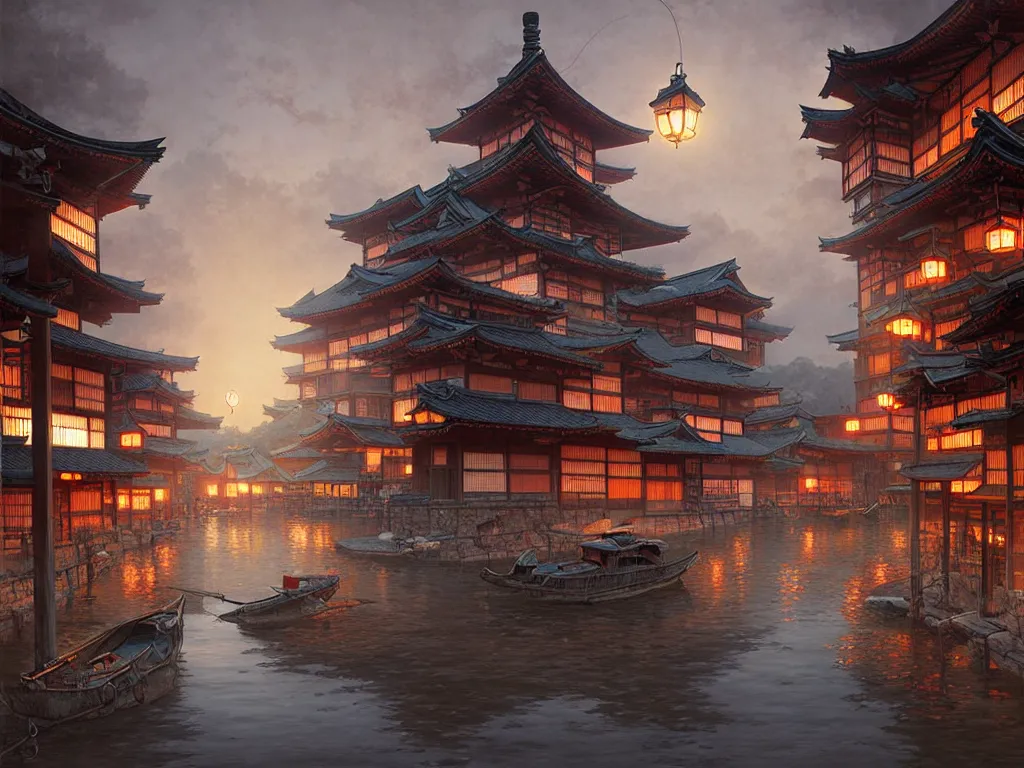 Image similar to old japanese small town viewed from harbor, d & d digital painting, intricate details, ultra realistic, beautiful, volumetric lighting, warm colors advance, cell shading, by james jean, greg rutkowski, gerald brom, wlop