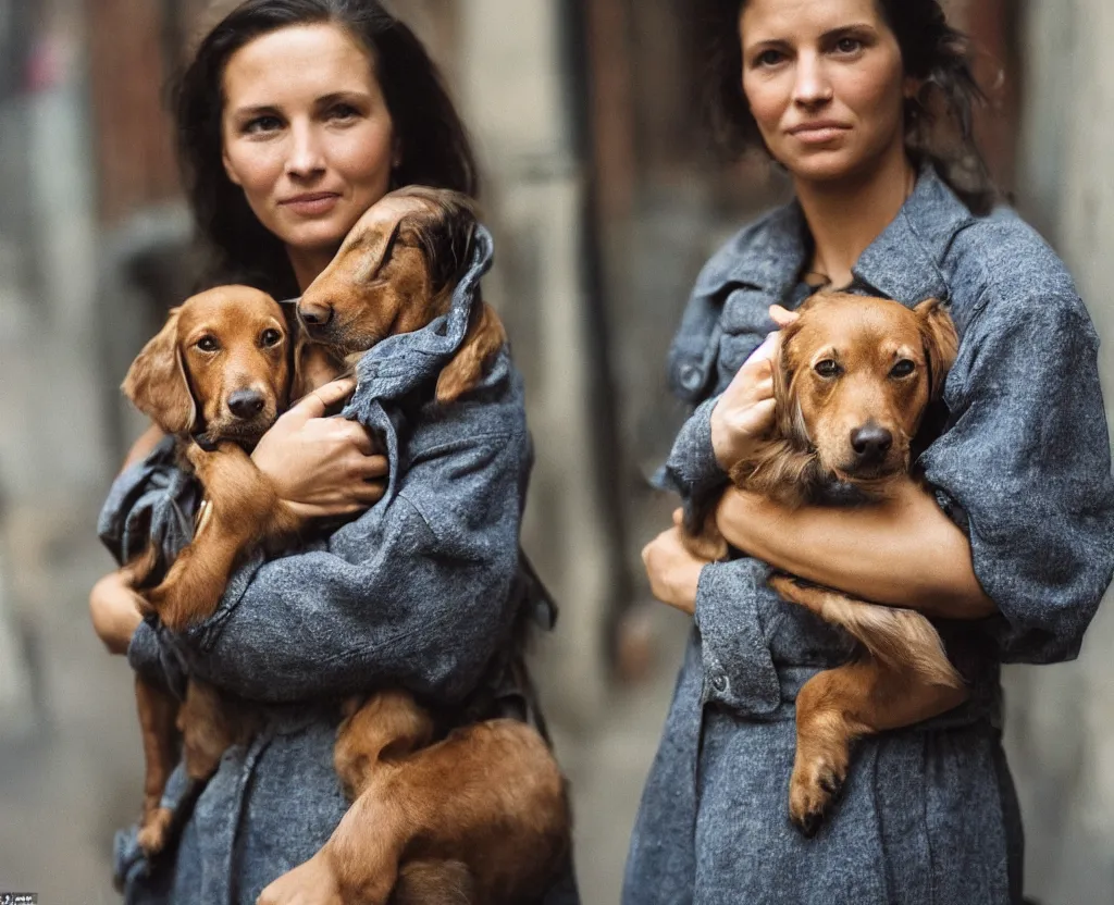 Image similar to closeup portrait of beautiful woman carrying a dog, smoky new york back street, by annie leibovitz and steve mccurry, natural light, detailed face, canon eos c 3 0 0, ƒ 1. 8, 3 5 mm, 8 k, medium - format print