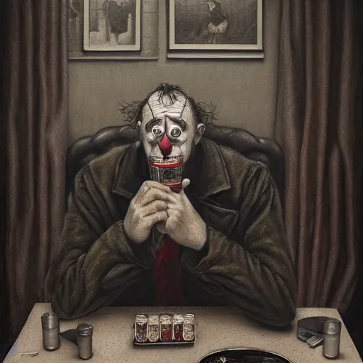 Image similar to a hyperrealistic painting of a depressed clown sitting backstage drinking whiskey and crying, by john kenn mortensen, highly detailed,