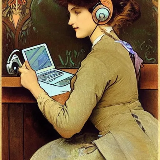 Image similar to A woman at a coffeeshop working on her laptop and wearing headphones, painting by Alphonse Mucha