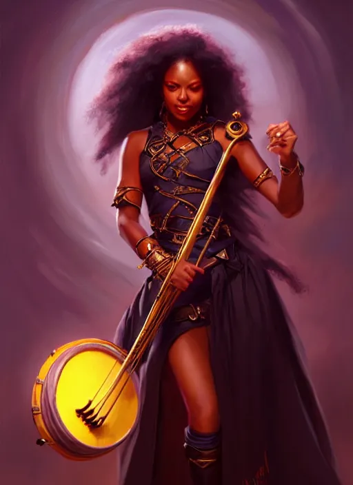 Image similar to a _ fantasy _ style _ portrait _ painting _ of black female charismatic bard playing instrument, rpg dnd oil _ painting _ unreal _ 5 _ daz. _ rpg _ portrait _ extremely _ detailed _ artgerm _ greg _ rutkowski _ greg