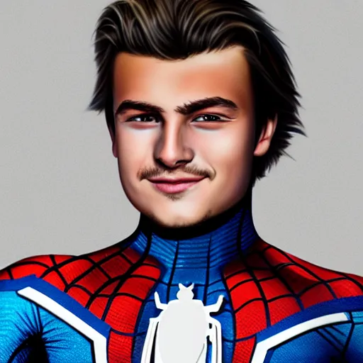 Image similar to a realistic portrait of Joe Keery as spider-man