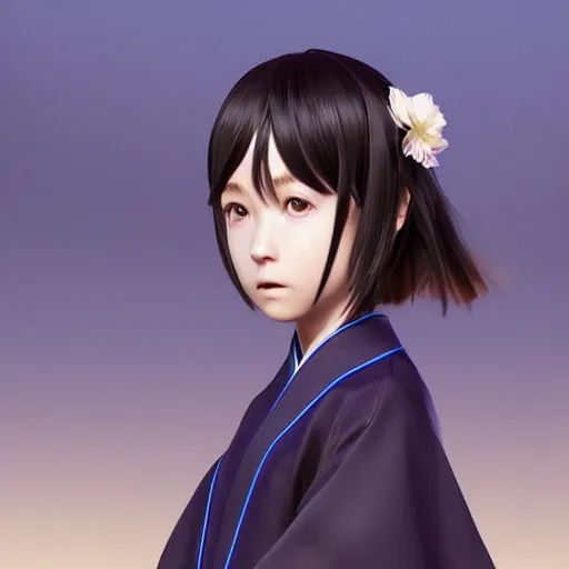 Image similar to Clothed kimono. realistic style at CGSociety by WLOP,ilya kuvshinov,krenz cushart,Greg Rutkowski,trending on artstation.Zbrush sculpt colored,Octane render in Maya,Houdini VFX.Realistic fantasy cute young girl who is dark disciple,expressing joy,wearing kimono, silky hair, blue eyes.Oil painting.Cinematic dramatic atmosphere,sharp focus,soft volumetric studio lighting.