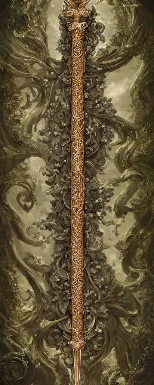 Image similar to beautiful fantasy giant sword carved with decorative ornament, acanthus scrolls, lilies, ivy, energy, geometry, bones, petals, stems, ceremonial clouds, dripping paint, fibonacci rhythm, artstation, artgerm, wlop, symmetric ornaments