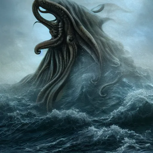 Image similar to cthulhu rising out a stormy ocean, ancient evil, stormy weather, handsome, profile, intricate, detailed, volumetric lighting, scenery, digital painting, highly detailed, artstation, sharp focus, illustration, concept art, ruan jia, steve mccurry