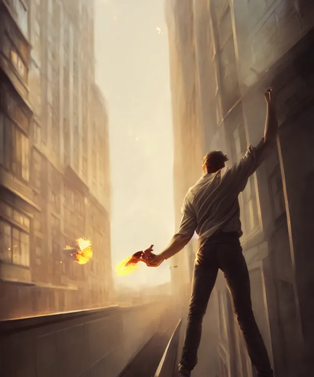 Image similar to man throwing a molotov out a window by charlie bowater and anna dittmann and artgerm and clemens ascher, intricate, elegant, beige mist, highly detailed, dramatic lighting, sharp focus, octane render, trending on artstation, artstationhd, artstationhq, unreal engine, 4 k, 8 k