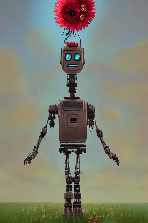 Image similar to a painting of a robot with a flower in its head, a digital painting by Scott Listfield, trending on Artstation, digital art, made of flowers, digital painting, speedpainting