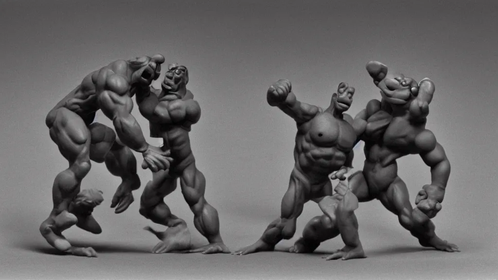 Prompt: Rare found plasticine footage of the muscular green shronk mascot ultra-wrestling with a complex intricate bodybuilder-creature! very ultra funny faces! exaggerated posing, very dynamic and grabbing, group acrobatics! Found in 1985, photographed by Ansel Adams standing out in a dark place in the sky at night under the moon. High field of view, exaggerated perspective effect. Everyone is grappling and grabbing! #ultra-acrobatics #dynamism #movement #posing #proud #westling #ultra-wresting #interlocking #plasticine #disturbing #dramatic #highiso #shrektorted #zuckpunk #verytextured-bodies #extreme #foundhell #ultra-textured