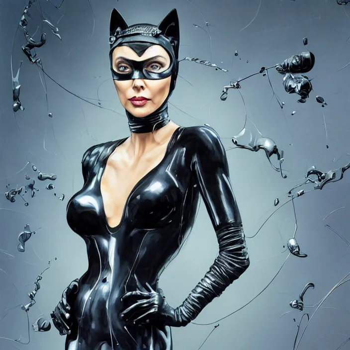 Image similar to portrait of charlize theron as a catwoman 1 9 8 9. intricate abstract. intricate artwork. by tooth wu, wlop, beeple, dan mumford. octane render, trending on artstation, greg rutkowski very coherent symmetrical artwork. cinematic, hyper realism, high detail, octane render, 8 k, iridescent accents