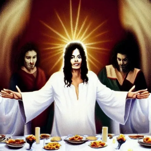 Image similar to michael jackson as jesus christ wearing a white suit at the last supper, realistic