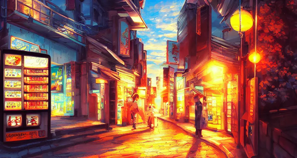 Prompt: beautiful anime painting of tokyo alleyway with vending machine, relaxing autumn day, sunset. trending on Artstation, 8k, masterpiece, sharp, fine detail, full of color, visually stunning, majestic