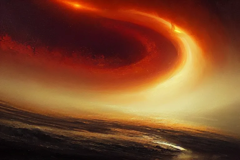 Image similar to a beautiful oil painting of the event horizon of a black hole, orange, warping, detailed, beautiful, awe - inspiring, bright, by greg rutkowski, trending on artstation