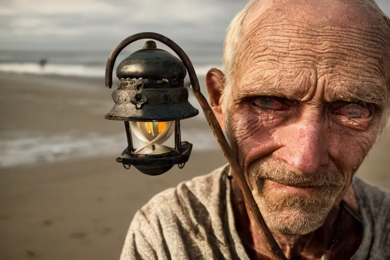 Image similar to closeup old man holding up a lantern on the beach in a pirate ship bay meet to a old wood shack by emmanuel lubezki