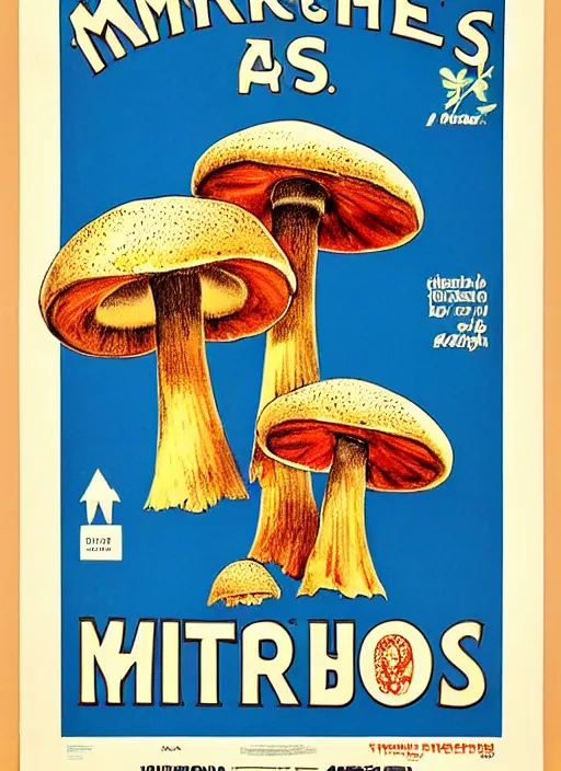 Image similar to a vintage poster of mushrooms