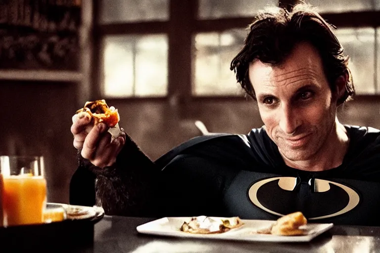 Prompt: portrait of Batman eating breakfast By Emmanuel Lubezki