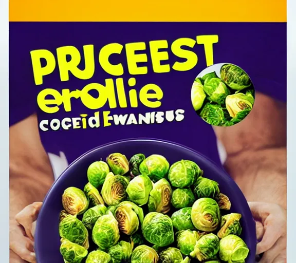 Image similar to full body promotional poster for a new cereal made from brussel sprouts,