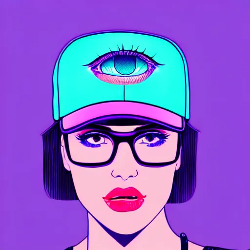 Prompt: intricate illustration of an attractive young woman, wearing a flat brim baseball cap, dark hair, blue eyes, thick glasses, symmetrical, quizzical, smirking, vaporwave, blade runner style, neon lighting, teal, purple, pink