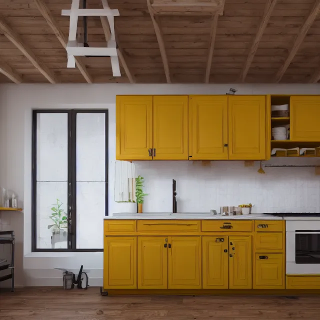 Prompt: kitchen interior in a wooden a frame cabin, yellow cabinets and white walls, red vintage fridge, large window in back, leather couch, realistic, unreal engine render, octane render, hyper realistic, photo, 8 k