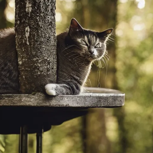 Image similar to a sleeping cat on a table, in a forest