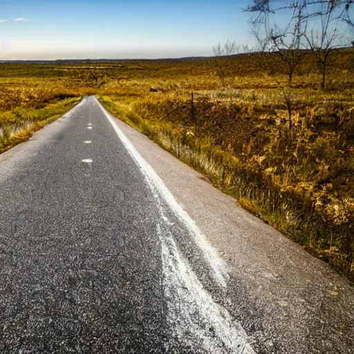 Prompt: topdown picture of an old abandoned cracked road