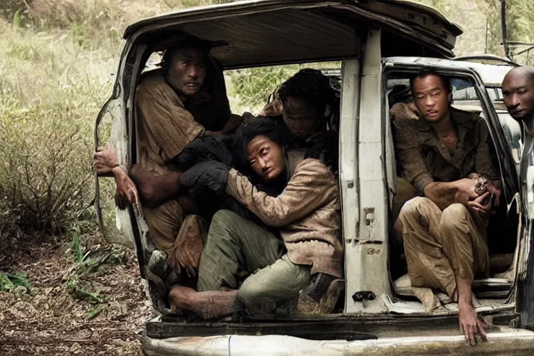Image similar to movie diverse interracial team of Japanese robbers armed with rifles interior van, beautiful skin, natural lighting by Emmanuel Lubezki