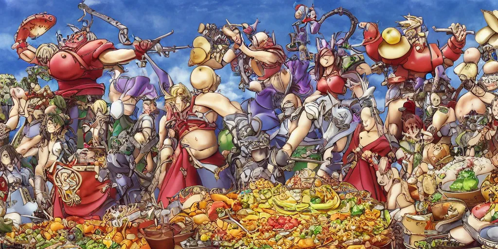 Prompt: A feast for The Moggles of FF6, very detailed, anime, Delicious, Plump, Juicy, Hot Food, large white border, hd, 8k, Unreal Engine 5, high resolution print :1 by Hayao Miyazaki, Nausicaa, studio Ghibli style, Anime wallpaper, cell shading, trending on deviant art :1