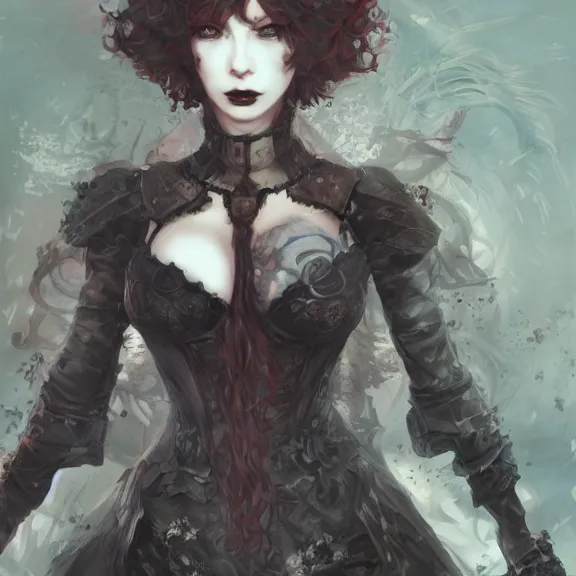 Image similar to christina hendricks!!!!! goth!!!!!, tankoban, 4 k, tone mapping, akihiko yoshida, james jean andrei riabovitchev marc simonetti, yoshitaka amano, long hair, curly, h. hydrochaeri