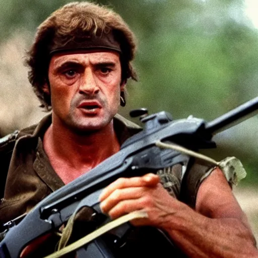 Prompt: A still of Chirac as Rambo in Rambo First Blood (1982)