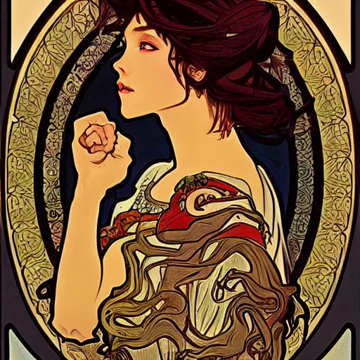 Image similar to a painting in the style of alphonse mucha and in the style of ayami kojima.