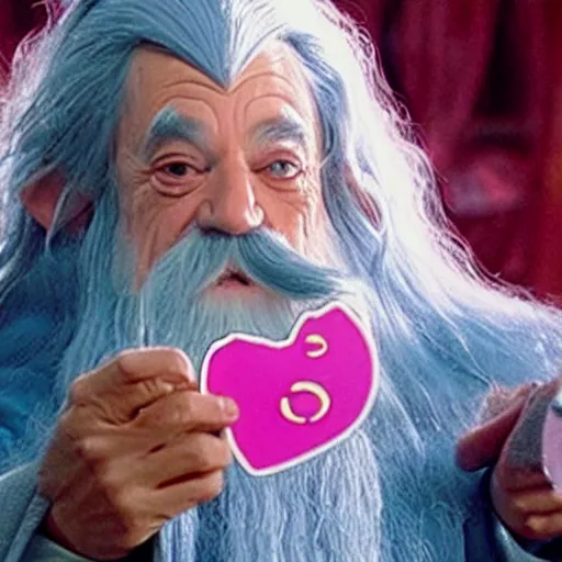 Image similar to portraid of happy gandalf wearing a Hello Kitty costume, holding a blank playing card up to the camera, movie still from the lord of the rings