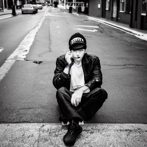 Image similar to black and white fashion photograph, highly detailed portrait of a depressed white drug dealer sitting on a busy street, looking into camera, eye contact, natural light, rain, mist, lomo, fashion photography, film grain, soft vignette, sigma 85mm f/1.4 1/10 sec shutter