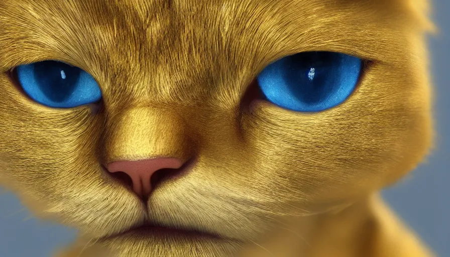 Image similar to Face of a gold cat with blue eyes, hyperdetailed, artstation, cgsociety, 8k