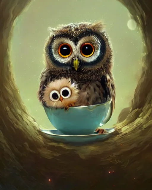 Image similar to long shot of a very cute owl chick nesting in a very futuristic cup, esao andrews, humorous illustration, hyperrealistic, big depth of field, warm colors, night scenery, low light, 3 d octane render, 4 k, conceptart, hyperdetailed, hyperrealistic, trending on artstation