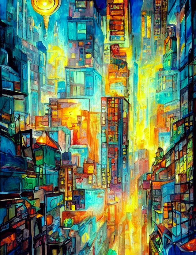Prompt: ice cream spirit lost in a metropolis. this art noveau painting by the award - winning artist has dramatic lighting, an interesting color scheme.