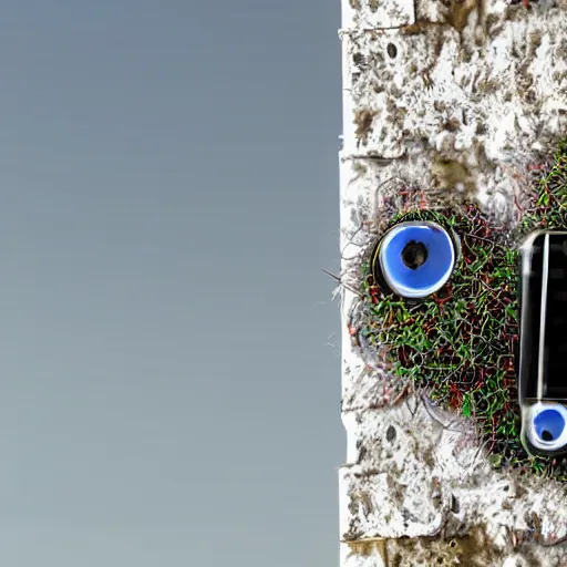 Image similar to A robot stuck in a wall, HD, plants overgrown, intricate detail