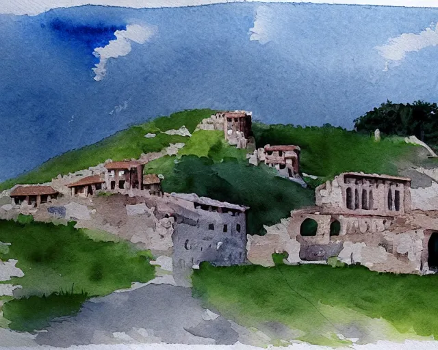 Prompt: watercolor roman house on a hill