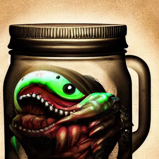 Image similar to Evil monster in a jar by Greg Rutkowski, product photography, centered, studio lightning