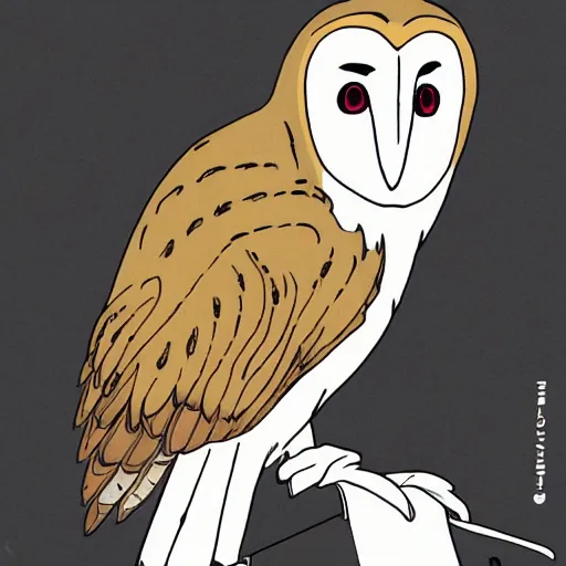 Prompt: barn owl in a black suit wearing an office bag going to the office,drawn by Hayao Miyazaki , highly detailed,anime, anime shot,anime colours, inspired by My Neighbor Totoro 1988,cell shading